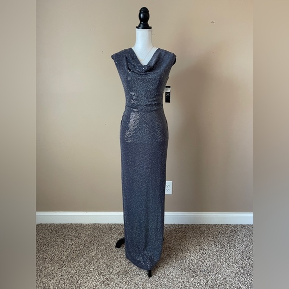 X BY XSCAPE | Gunmetal Gray Sequin Draped Neck Open Back Gown - Picture 2 of 11